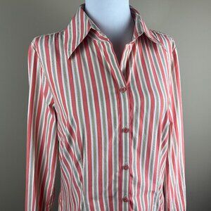Ann Taylor LOFT Long Sleeve Blouse Size 10 Salmon Pink White, Stripe